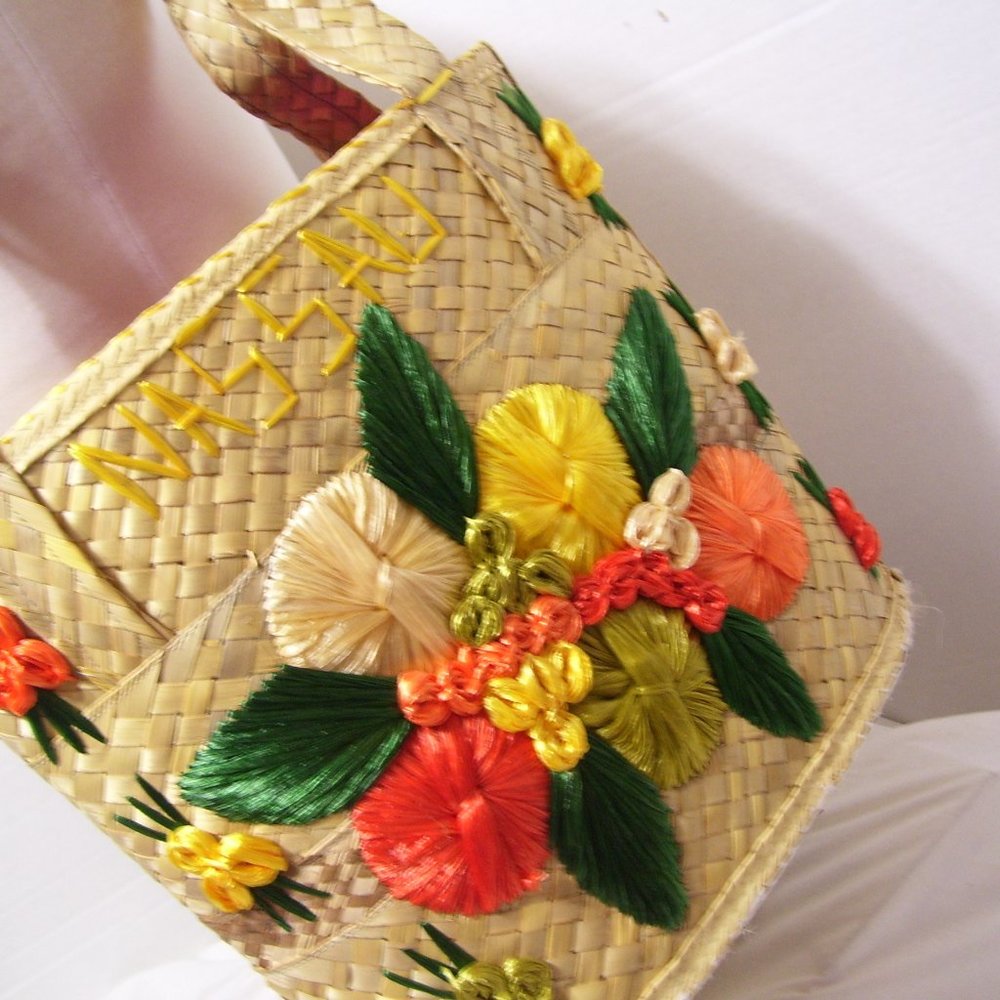 Fashion Handbag Summer Vegan Straw Tote Floral Yellow Orange Green NWOT - Picture 2 of 4